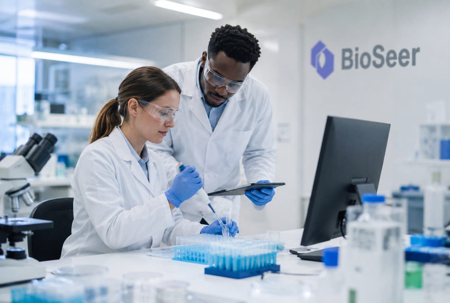 BioSeer scientists collaborating on sample preparation at the laboratory bench